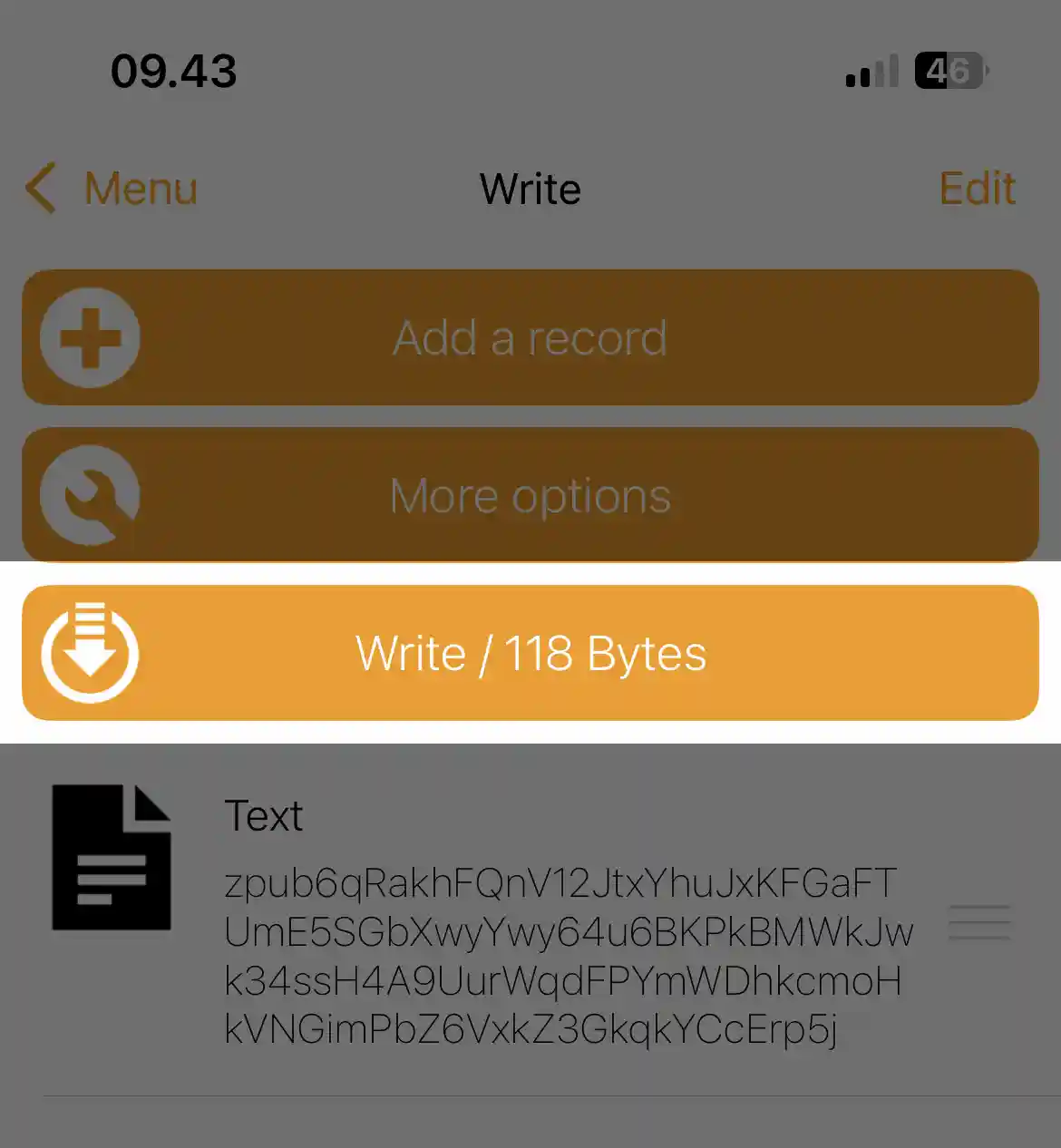 NFC Tools on iPhone: the Write screen with one Text record and the Write button showing the size