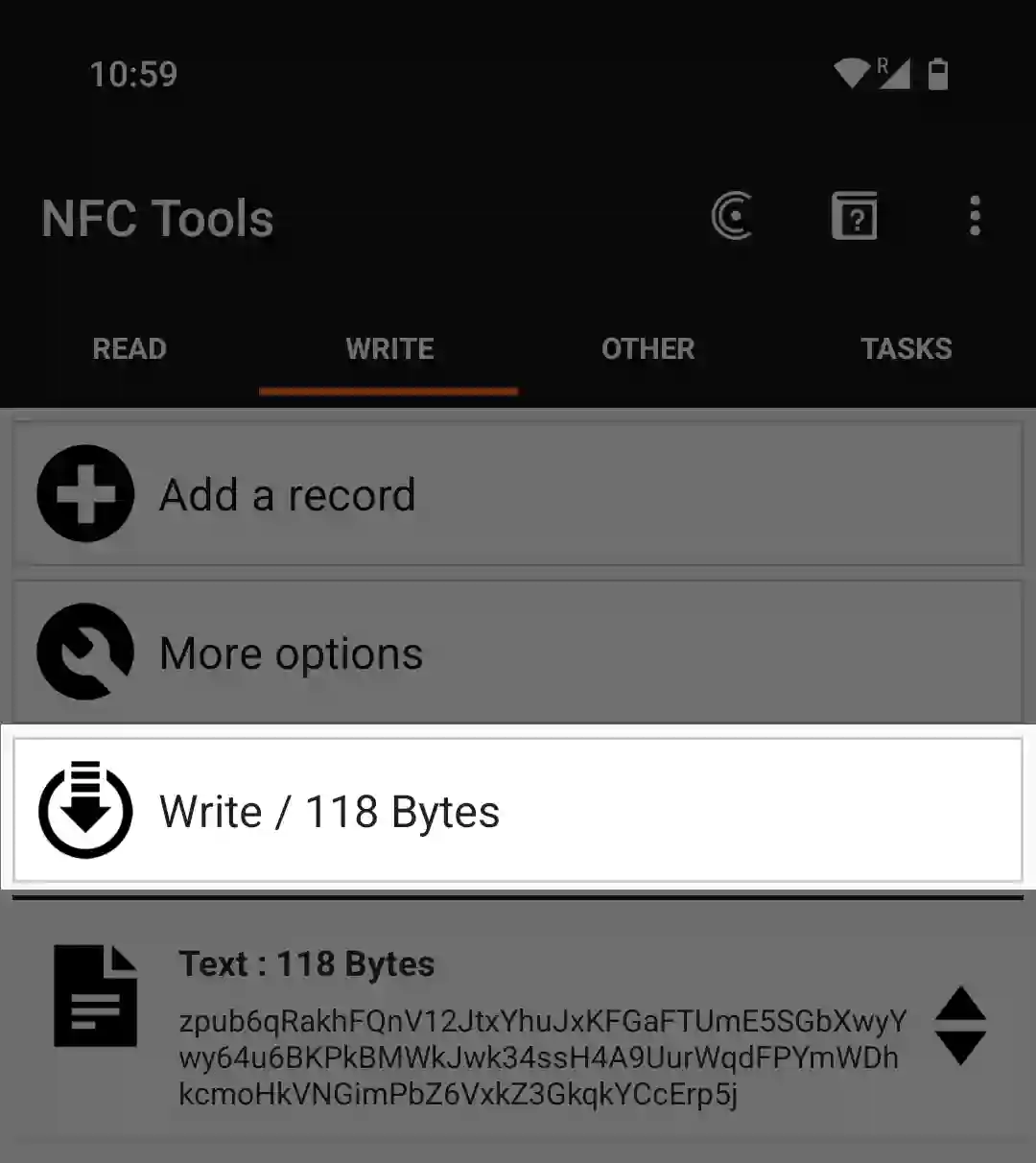 NFC Tools on Android: the WRITE tab with one Text record and the Write button showing the size