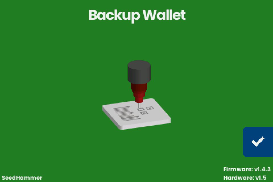 Start screen "Backup Wallet" with the firmware and hardware lines at the bottom right