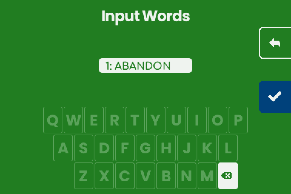Input Words with the completed word 1: ABANDON and the checkmark