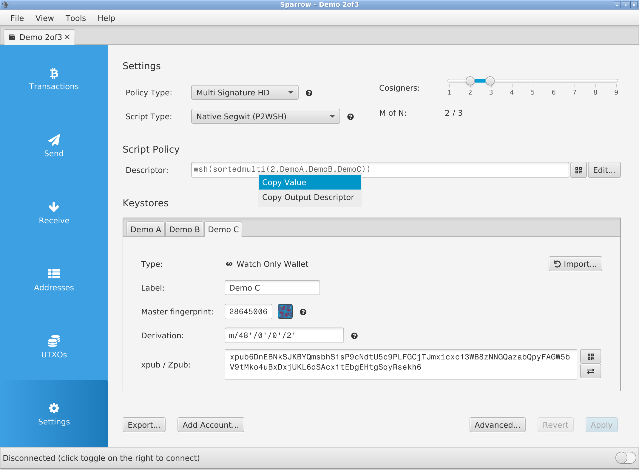 Sparrow Settings tab: right-click menu on the Descriptor field with Copy Value and Copy Output Descriptor