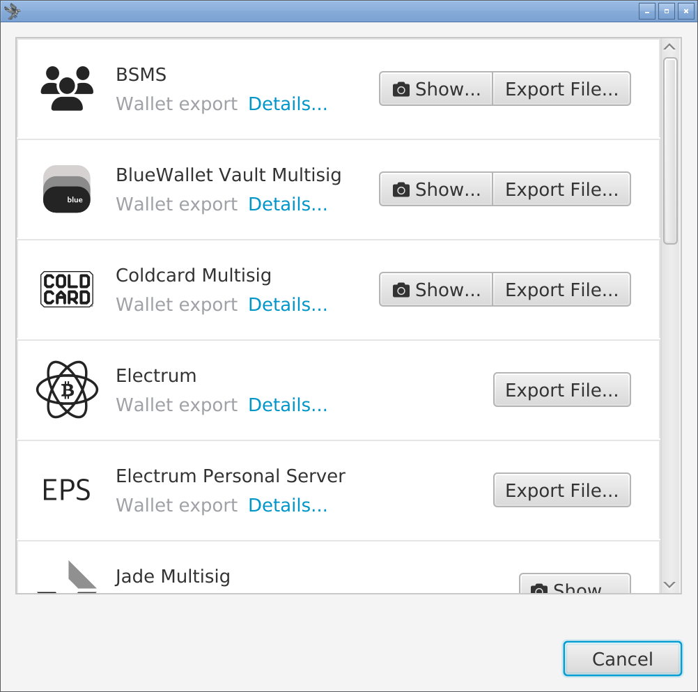 Sparrow export dialog: BSMS, BlueWallet Vault Multisig, Coldcard Multisig and Electrum panes with Show... and Export File...