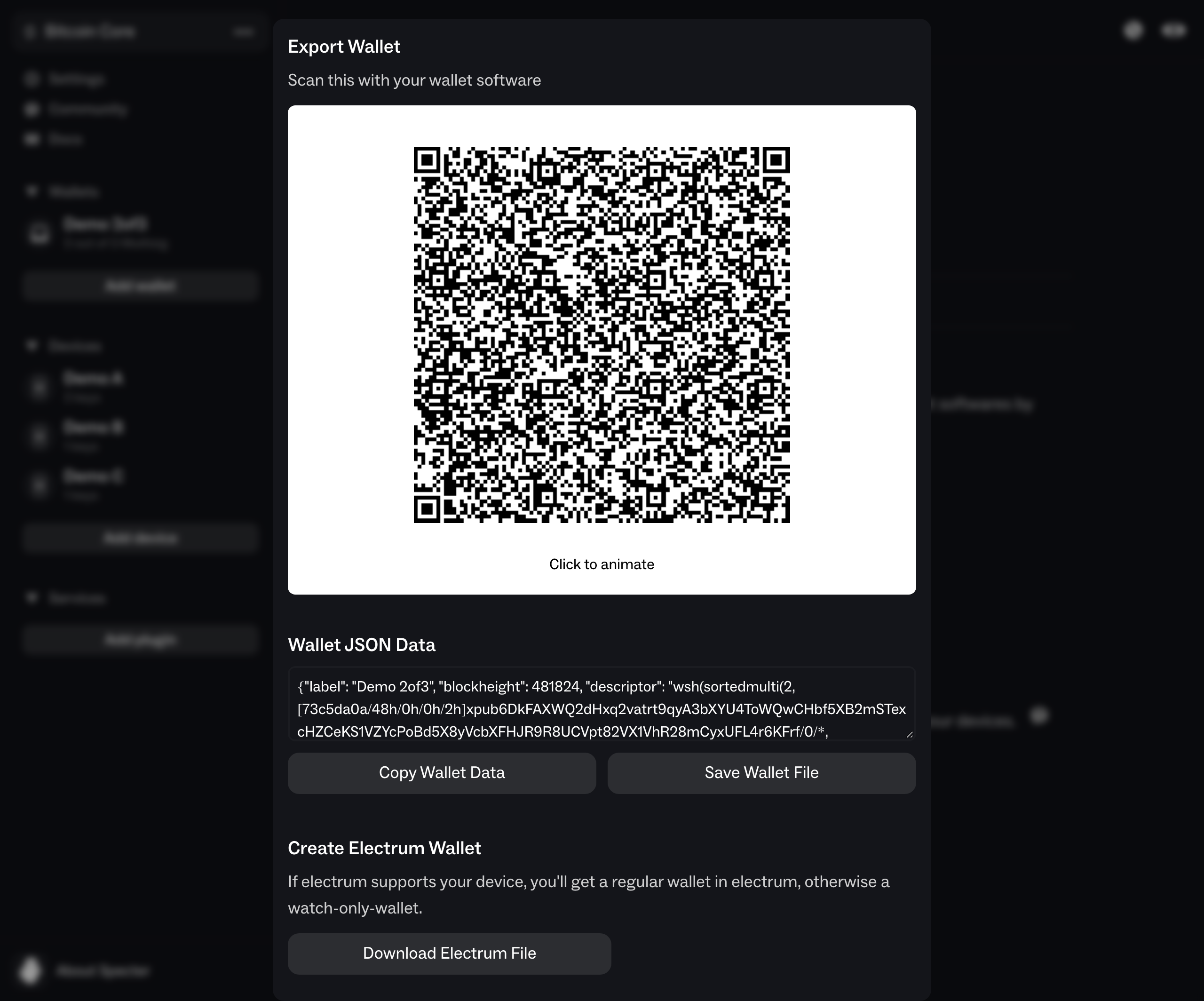 Specter Desktop Export Wallet dialog: QR code, Wallet JSON Data, Copy Wallet Data and Save Wallet File